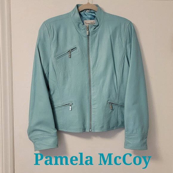 Pamela McCoy Jackets & Blazers - ❣️HP❣️ Pamela McCoy 100% leather aqua full zip satin lined jacket sz: M NWOT
